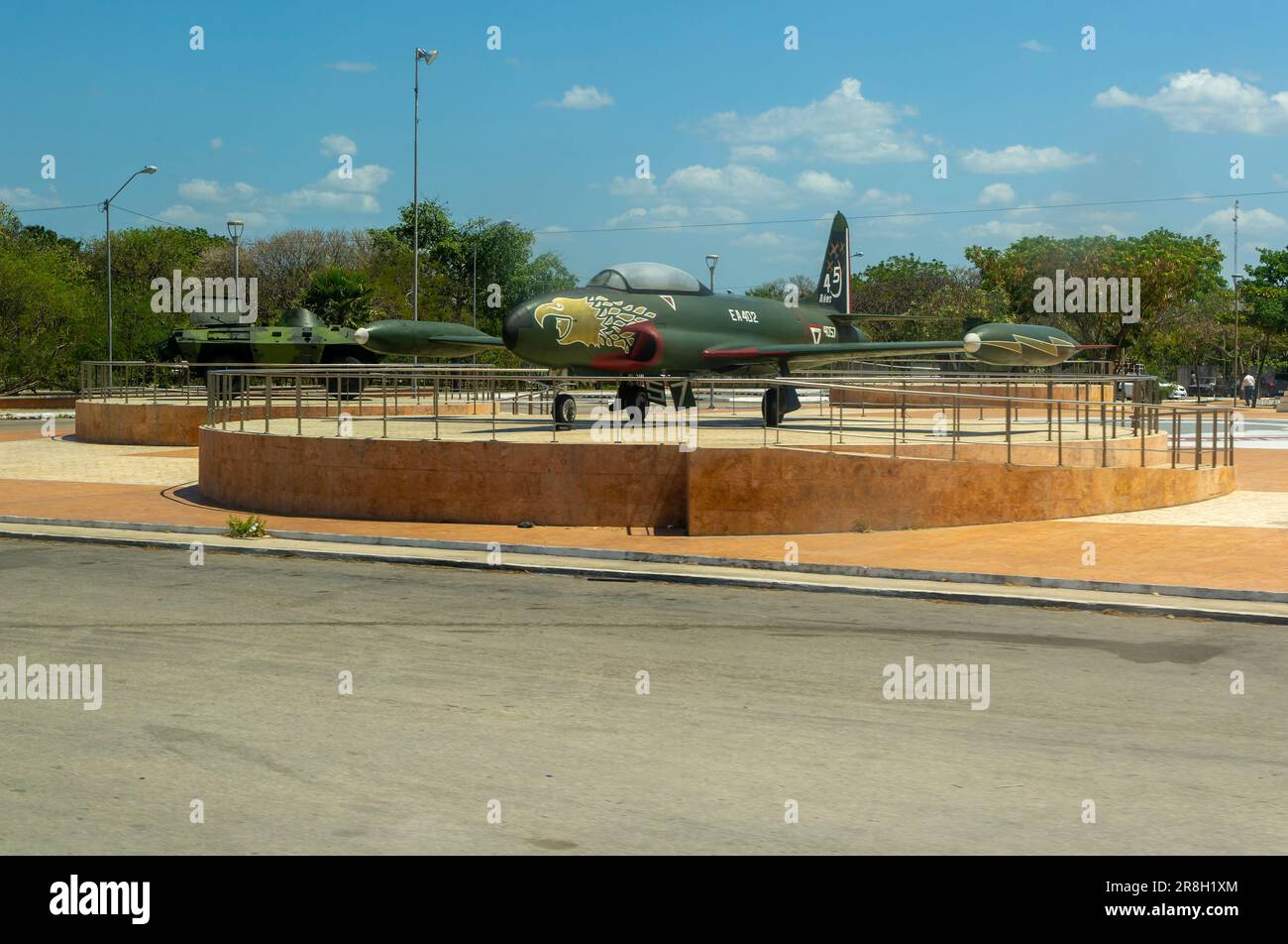 View from bus window Lockheed T-33 jet fighter plane aircraft Parque Centenario del Ejercito Mexicano, Merida, Yucatan State, Mexico Stock Photo