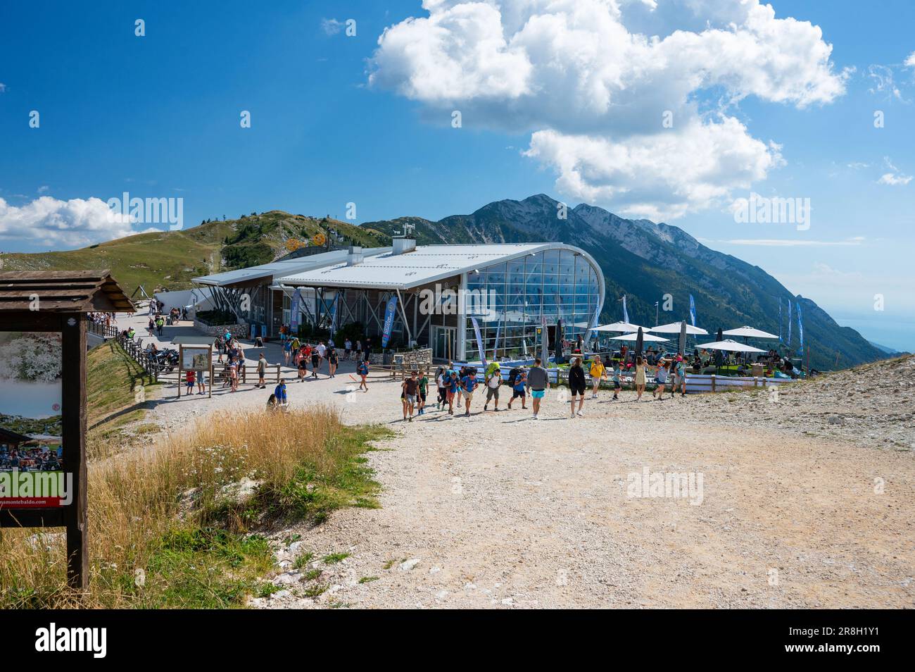 Cafe and bars at the top of Monte Baldo, the mountain over Malcesine on Lake Garda Stock Photo