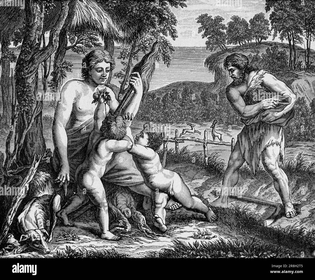 Expulsion from Paradise, Adam and Eve  doing field work,God's blessing in the household , Psalm 128, Old Testament, Bible, historic illustration 1890 Stock Photo