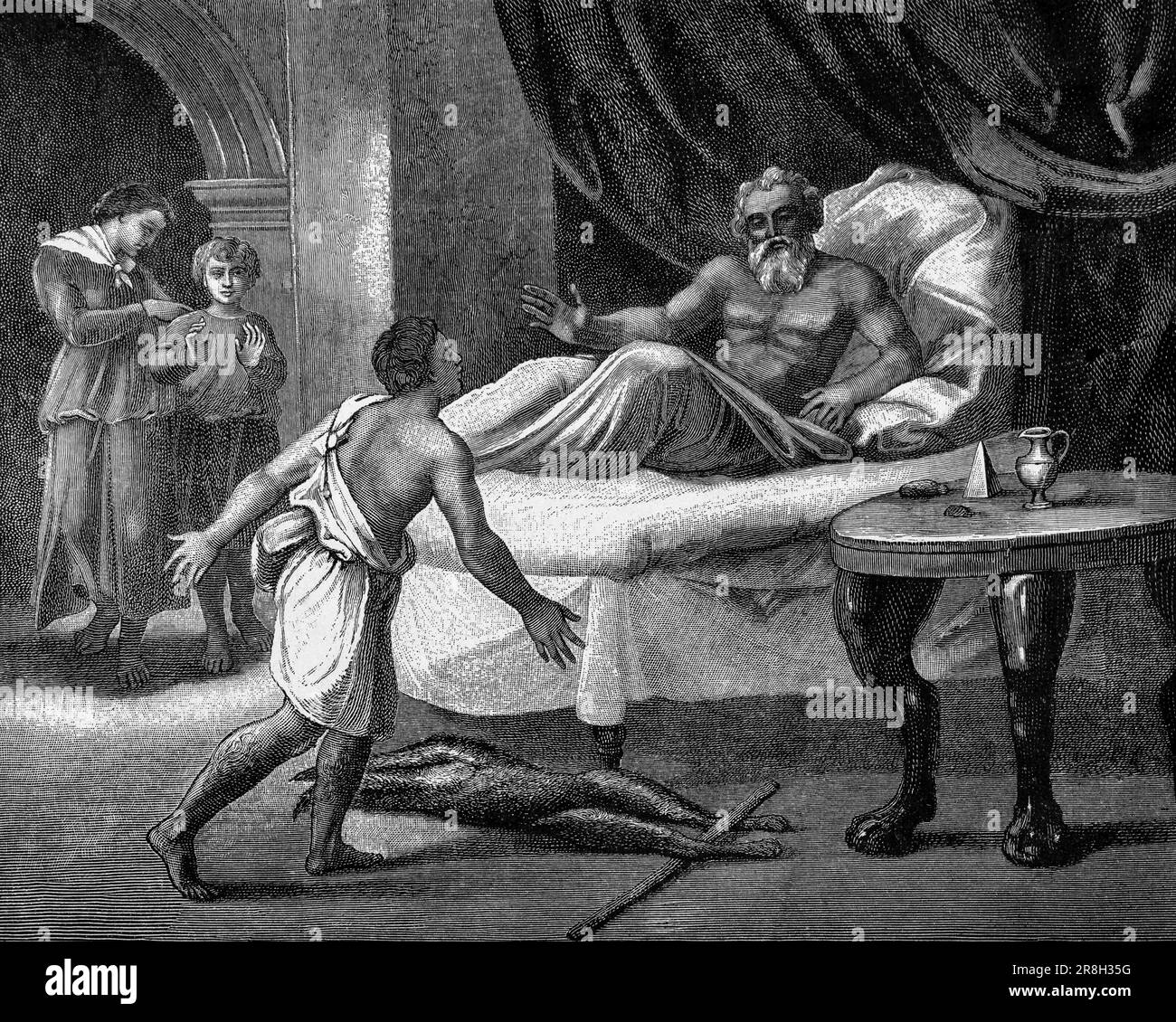 The betrayed Esau at his father's deathbed, First Book  Mose, chapter 27, Verse 1-35, Old Testament, Bible, historic illustration 1890 Stock Photo
