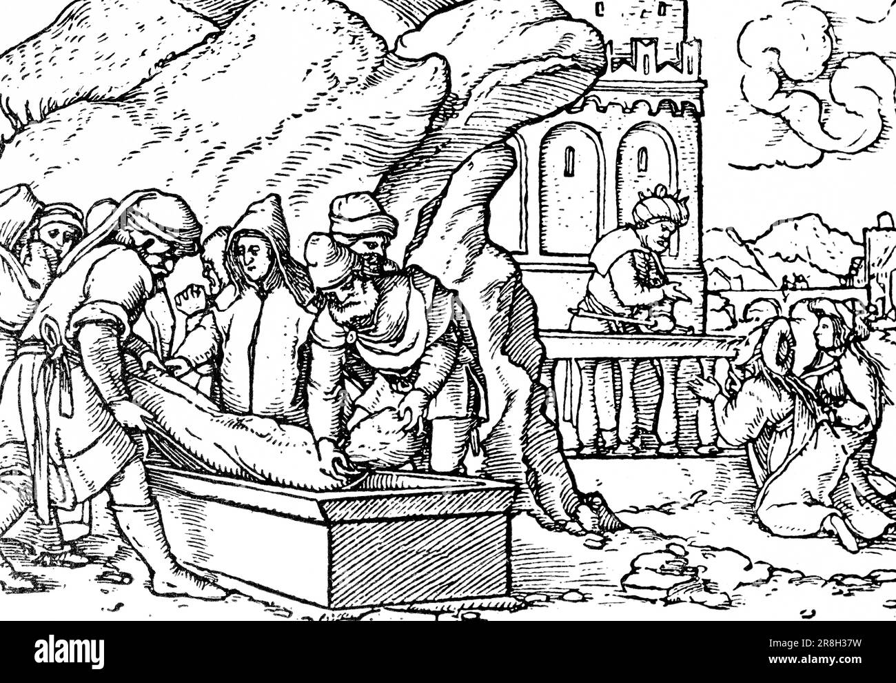 Jacob is buried in Canaan in his hereditary burial ground, Old Testament, Bible, historic illustration 1890 Stock Photo