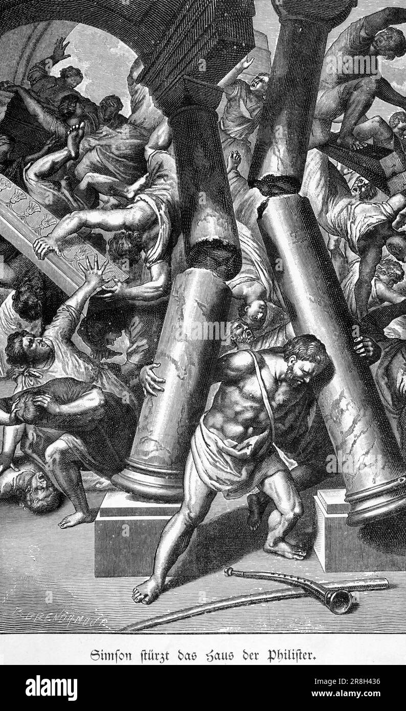Samson overthrows the house of the Philistines, Book of Jugdes, chapter 16, verse 23-31, Old Testament, Bible, historic illustration 1890 Stock Photo