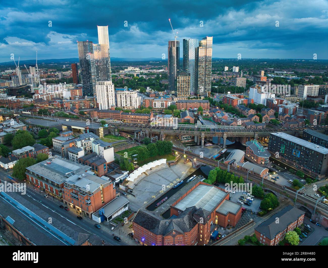 Manchester Skyline view over Castlefield aerial photo Stock Photo - Alamy