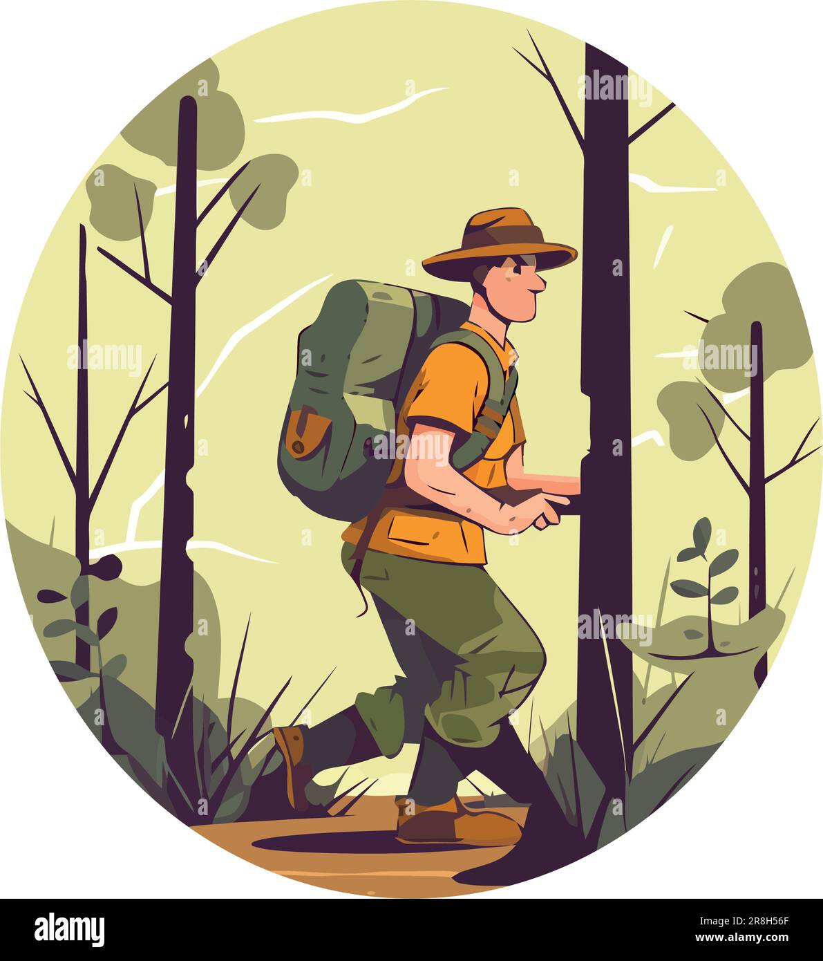 Hiking through landscape, backpacker in exploration Stock Vector