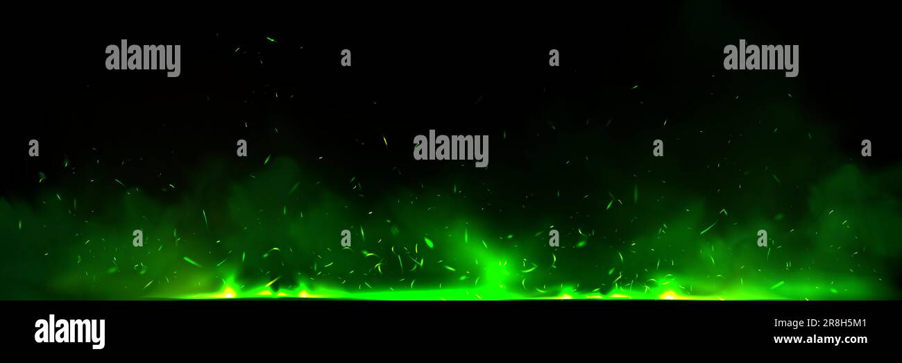 Green fire effect overlay with ember and smoke realistic background. Flying spark light particle in flame panoramic texture. Neon festive witchcraft power with steam and blazing for wizard fireplace. Stock Vector