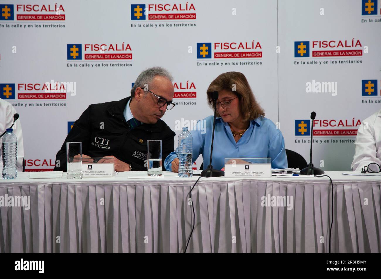 Bogota, Colombia. 21st June, 2023. The technical Investigation Corps (CTI) Alberto Acevedo (L) and Colombia's Deputy Attorney General, Martha Janeth Mancera (R) as they offer a press conference annoncing that the Lieutenant colonel Oscar Davila commited suicide in Bogota, Colombia on June 21, 2023. Photo by: Chepa Beltran/Long Visual Press Credit: Long Visual Press/Alamy Live News Stock Photo