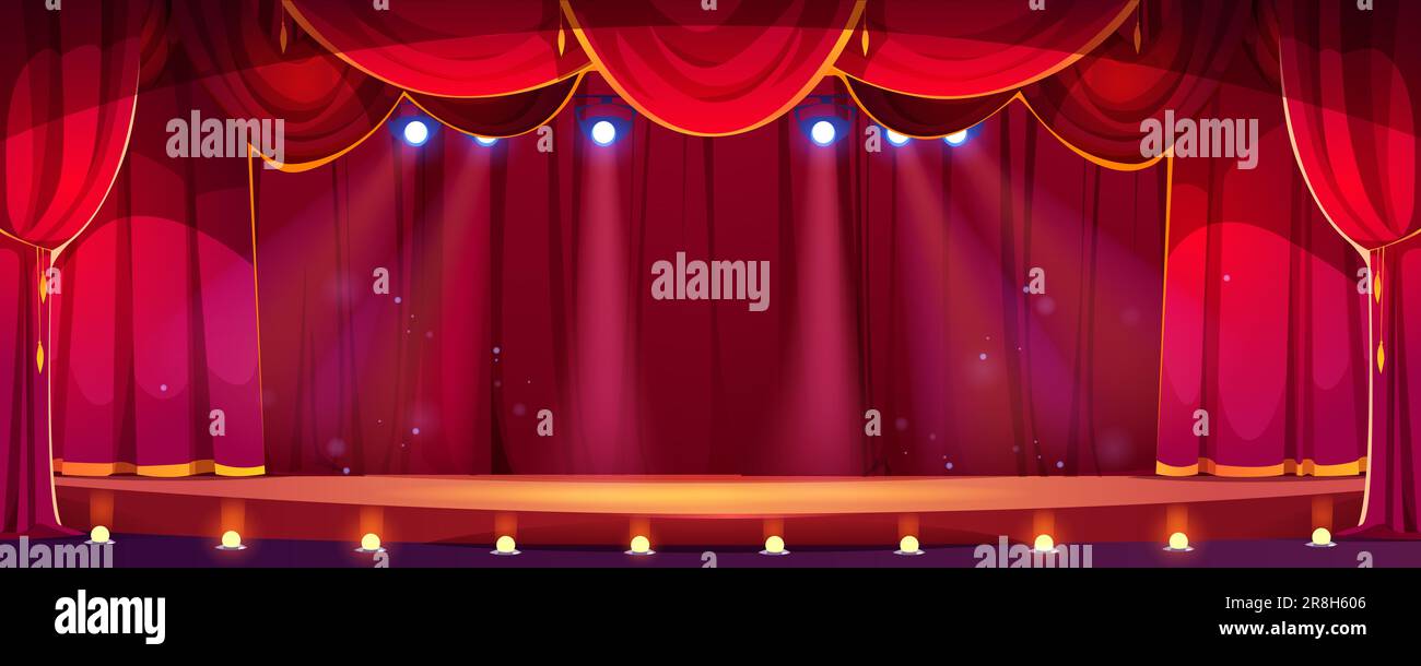 Cartoon theater concert stage with red curtain and spotlight vector