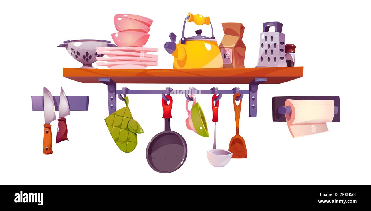 Kitchen accessory or kitchenware at shelves Vector Image