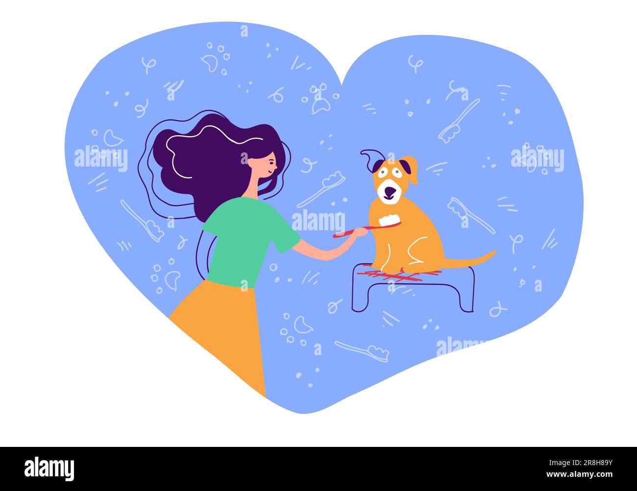 The girl brushes the dog's teeth. Oral hygiene for dogs of all breeds