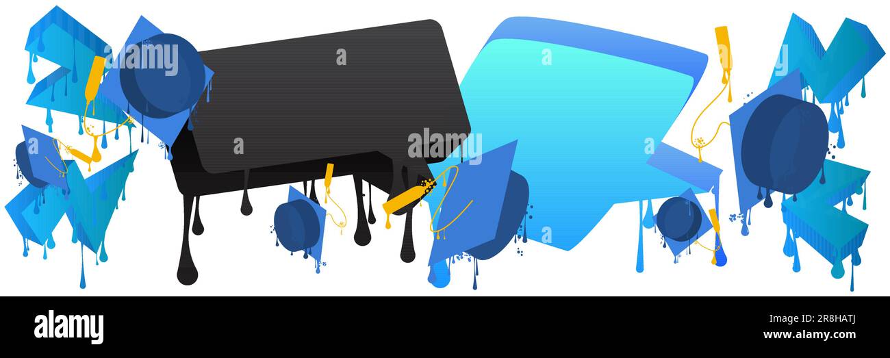 Abstract blue and black graffiti Graduation Cap Background. Modern street art Education, Graduate decoration performed in urban painting style. Stock Vector