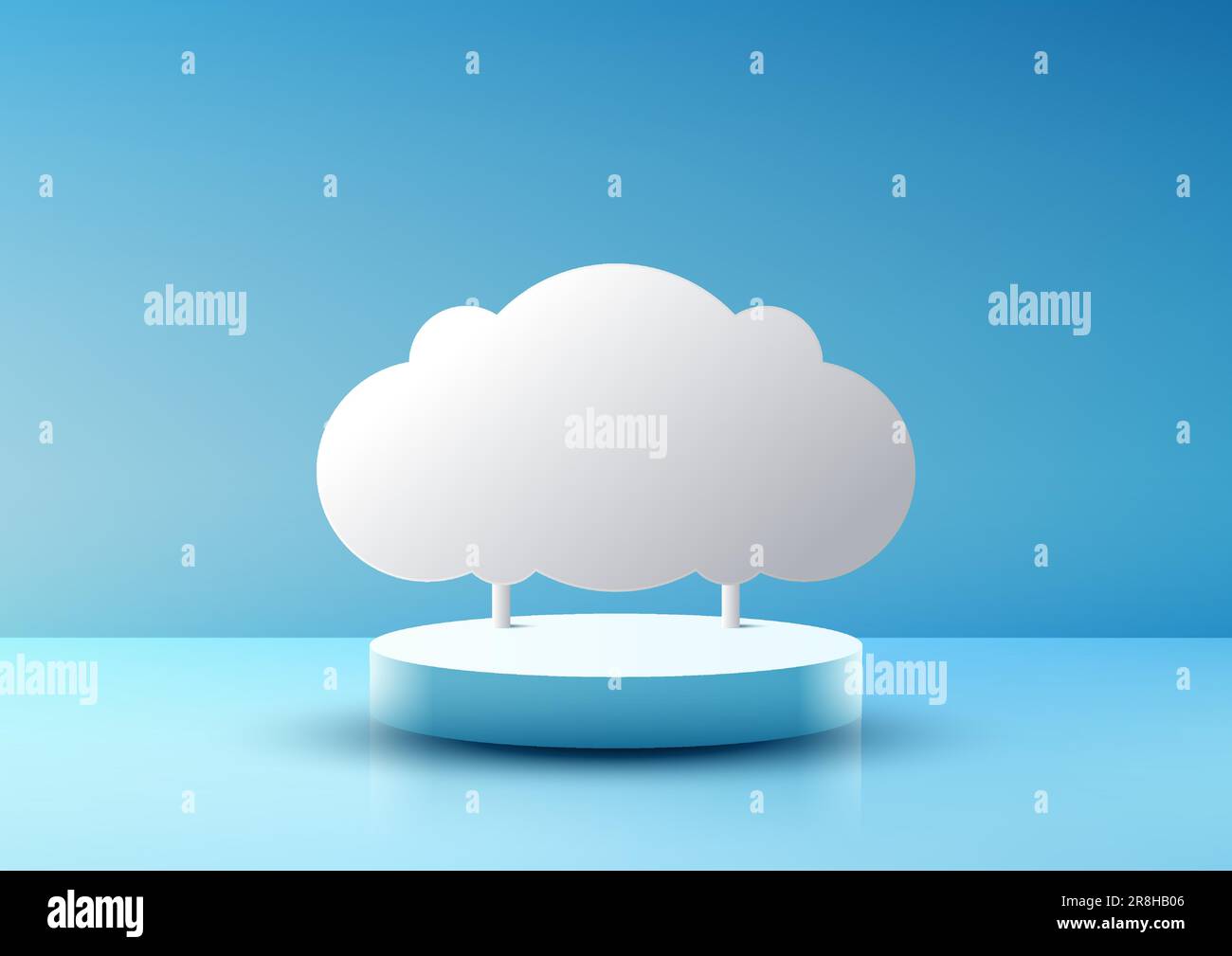 3D realistic empty blue podium with white cloud paper backdrop on blue sky background. Use for product display presentation mockup, beauty cosmetic, s Stock Vector