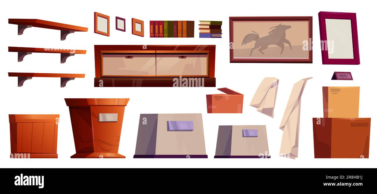 Cartoon museum gallery interior furniture set. Podium display for history showcase and image frame asset collection. Books shelve and stand for award exhibit with metal signboard isolated design Stock Vector