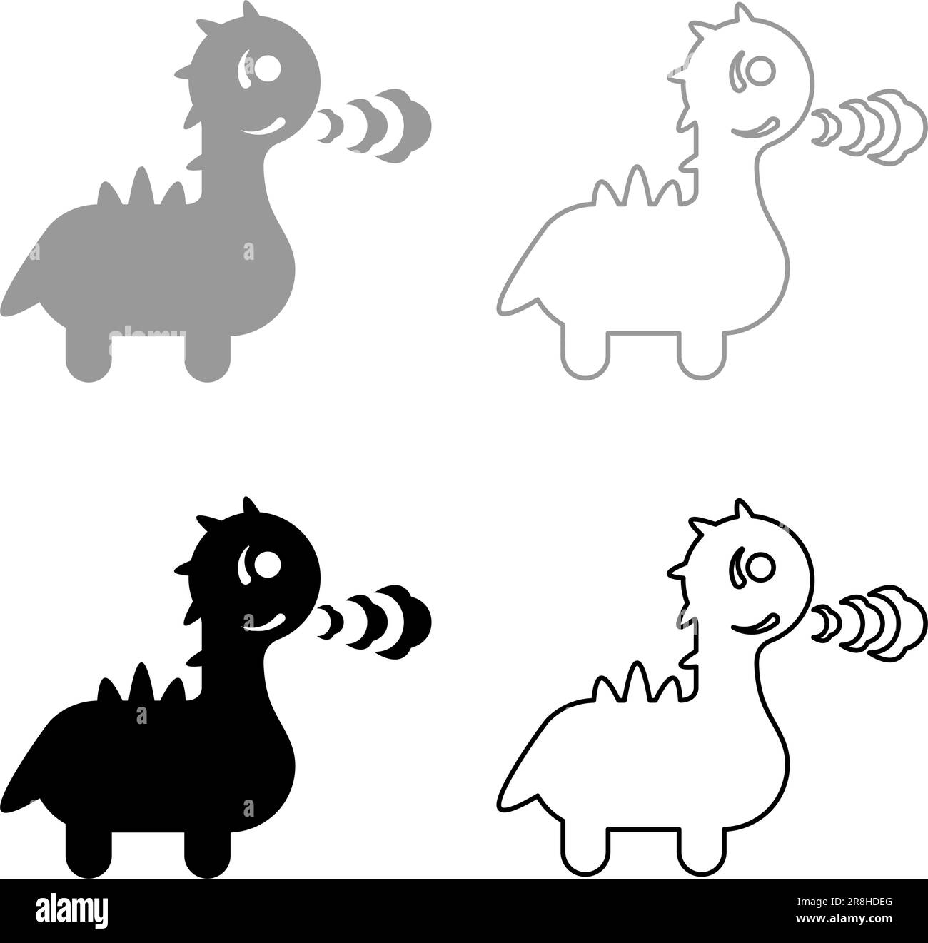 Cute dragon breathing fire set icon grey black color vector illustration image simple solid fill outline contour line thin flat style Stock Vector