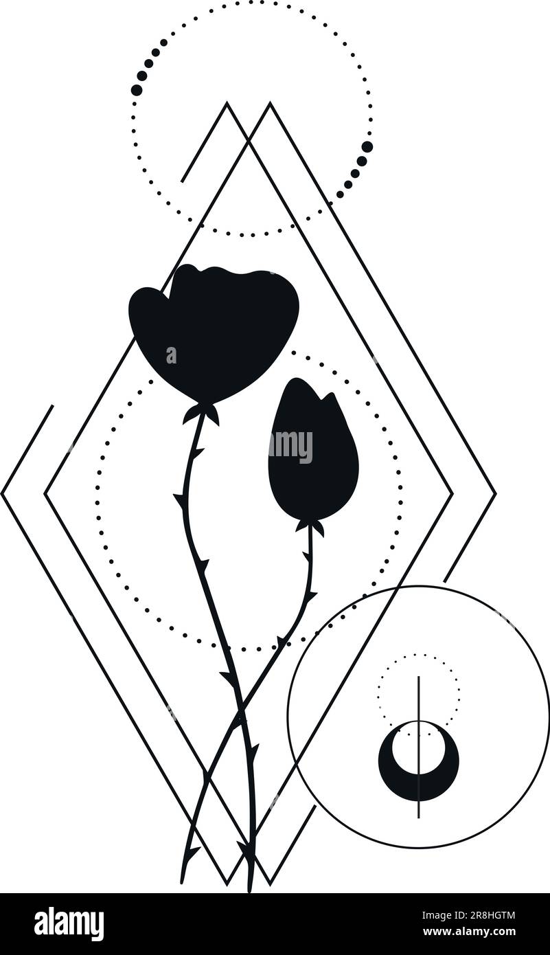 Abstract botanical tattoo with geometric elements isolated on white