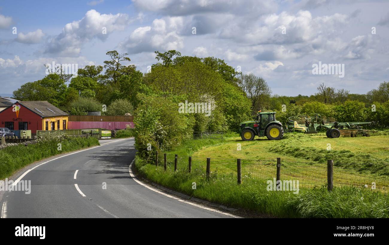 Countryside haymaking (green tractor driven, roadside field, farmer swath-making, G & T's Ice Cream Parlour) - Risplith, North Yorkshire England, UK. Stock Photo