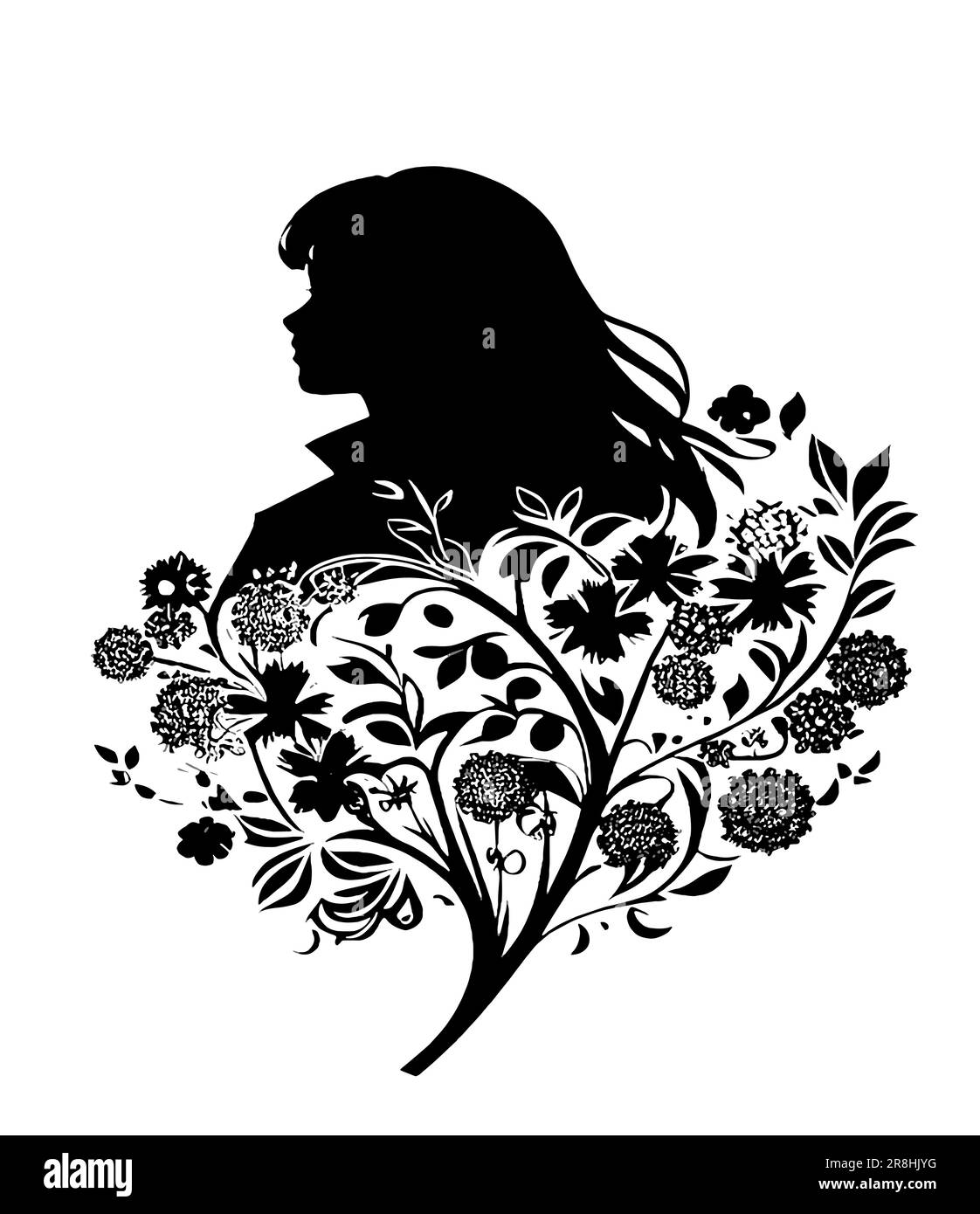 Vector silhouette of a woman with flowers in her hair on a white