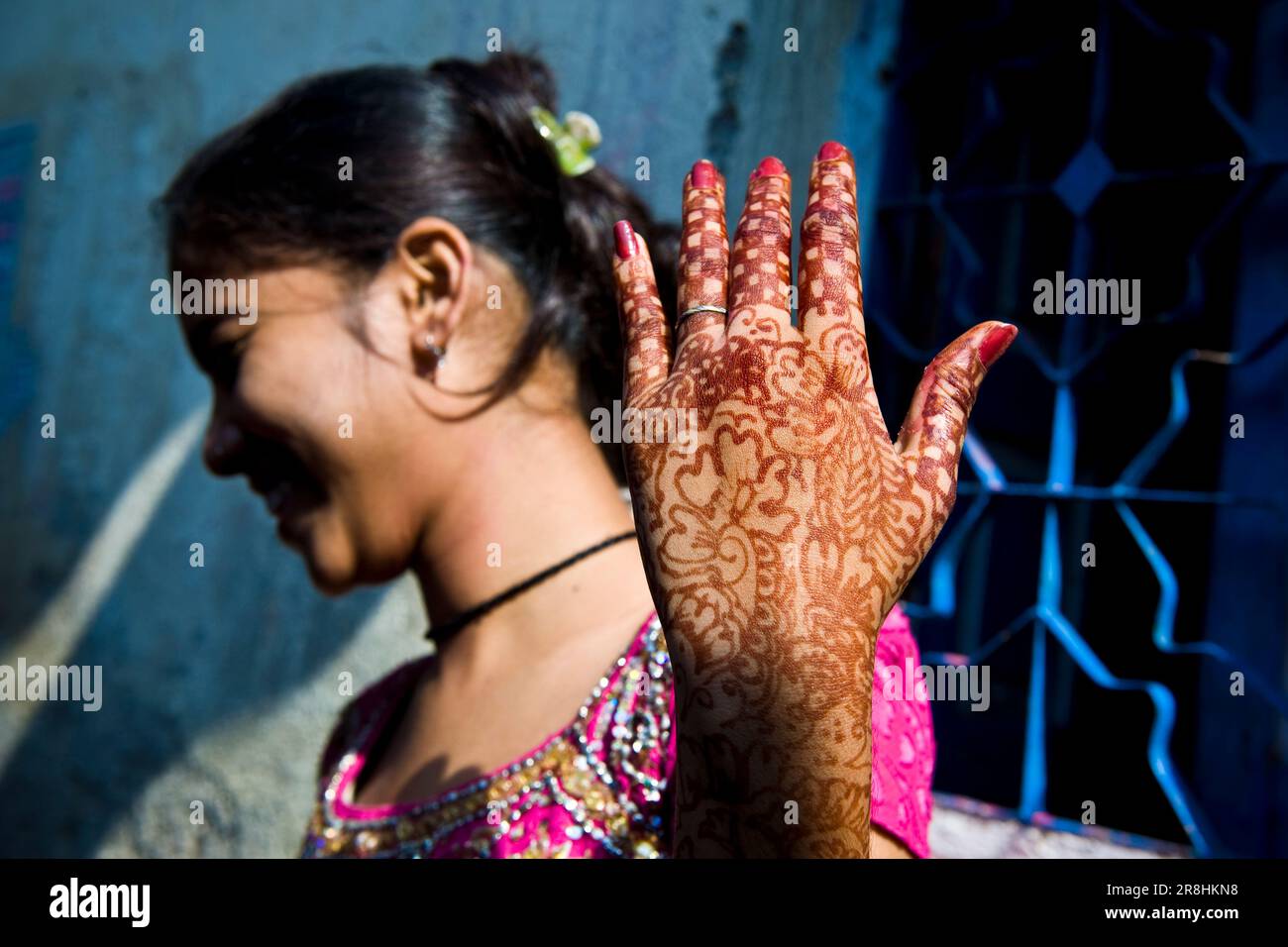 Decorations On Hand with Henna. Slum near Colaba Area. Mumbai. India Stock Photo