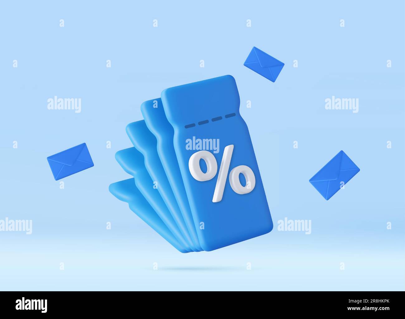 3d render discount coupon with percentage sign and envelopes. Premium special price offers sale