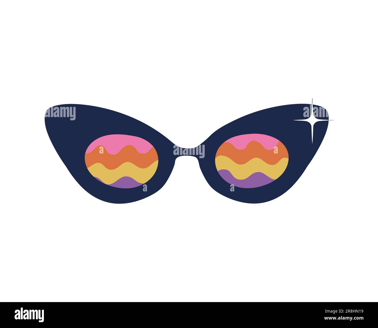 Groovy sunglasses in the form of cat's eyes with y2k bling. Glasses with rainbow pattern, with striped wavy elements in the style of the 70s. Retro gl Stock Vector