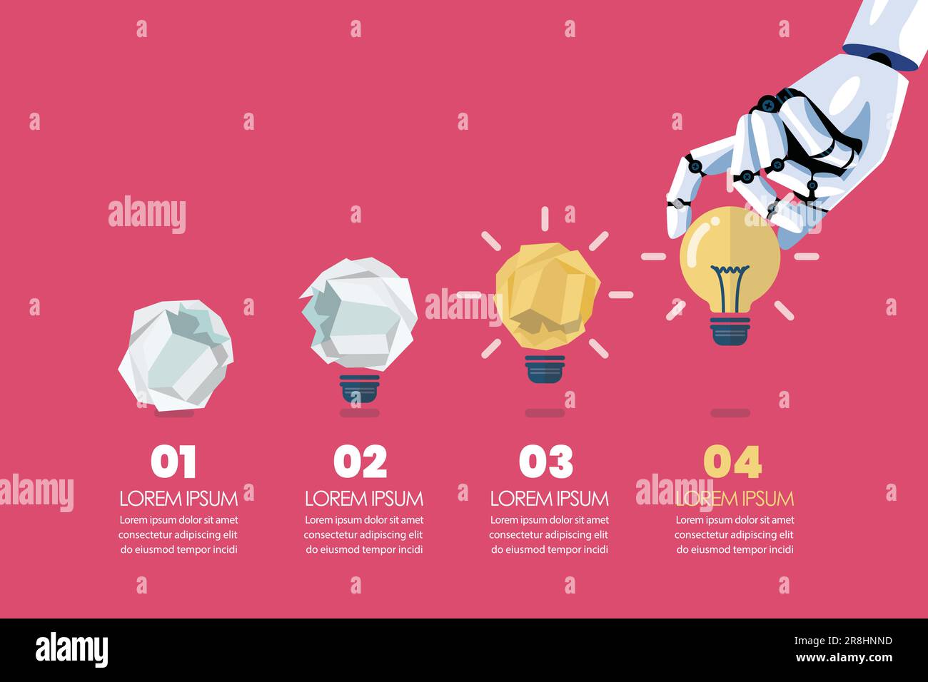 Robot changing gabage to idea infographic. Process of changing crumpled paper into perfect idea. Business concept. Vector illustration Stock Vector