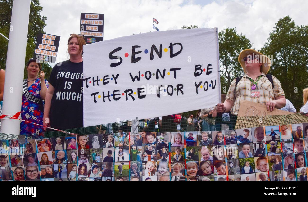 London, UK. 21st June 2023. Protesters gathered in Parliament Square calling for S.E.N.D. (Special educational needs and disabilities) reform. Stock Photo