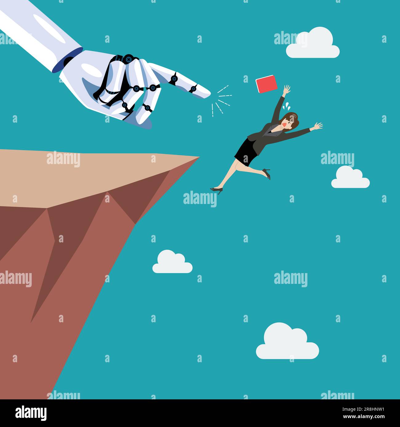 Robot pushing business woman fall into the abyss. Artifical intelligence replacing jobs concept. Vector illustration Stock Vector