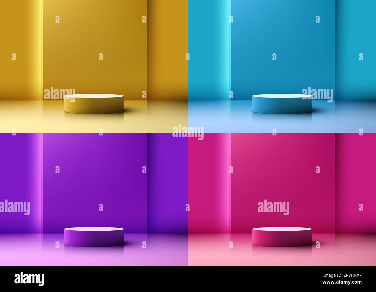 Set of 3D realistic empty bright colors podium pedestal stand minimal wall scene background. Use for product display presentation, cosmetic display mo Stock Vector