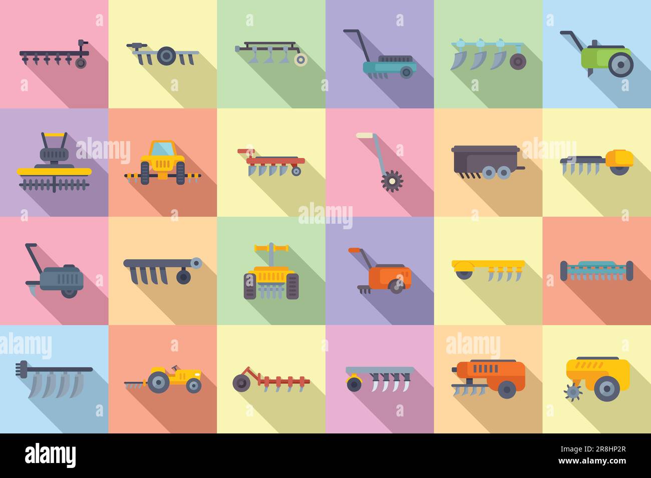Cultivator machine icons set flat vector. Agriculture engine. Farm care ...