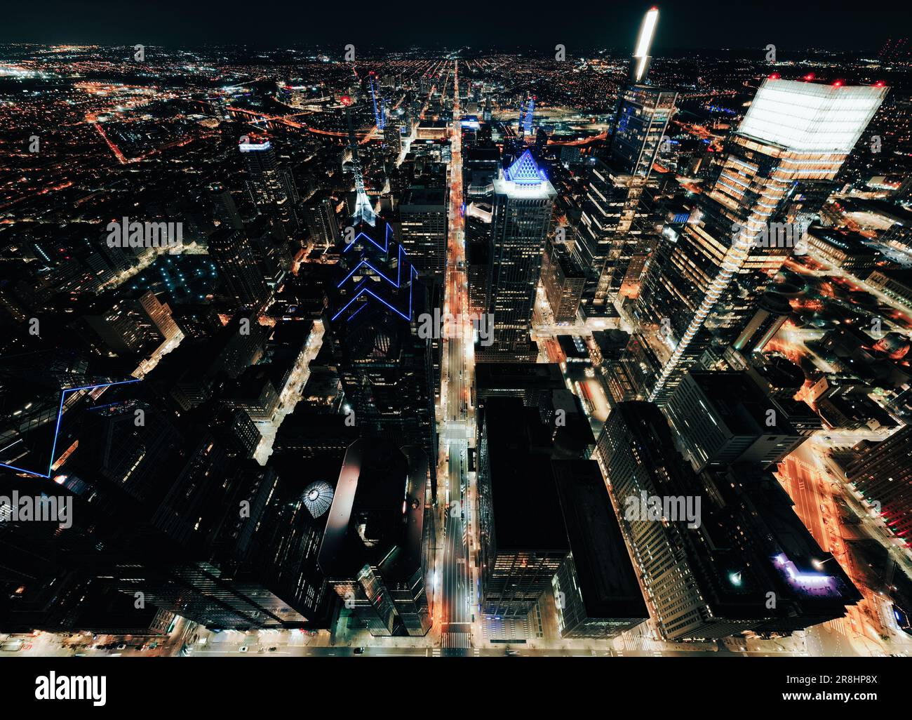 An aerial view of the illuminated city skyline at night in Philadelphia ...