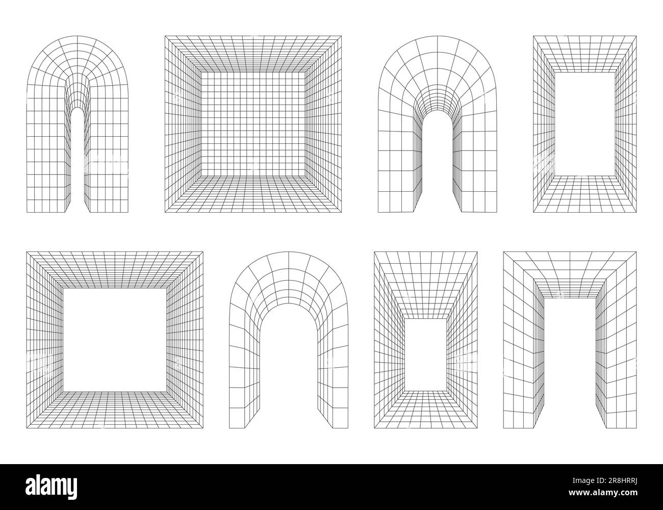 Wireframe 3D arch, arc, portal, gate. Perspective rounded and rectangular shapes, distorted grid, 3D Technology Mesh. Abstract architecture arch. Set Stock Vector