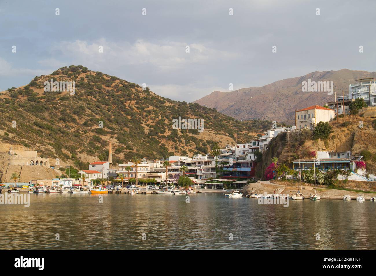View from the sea on Agia Galini, Crete, Greece, white houses built on a hill Stock Photo