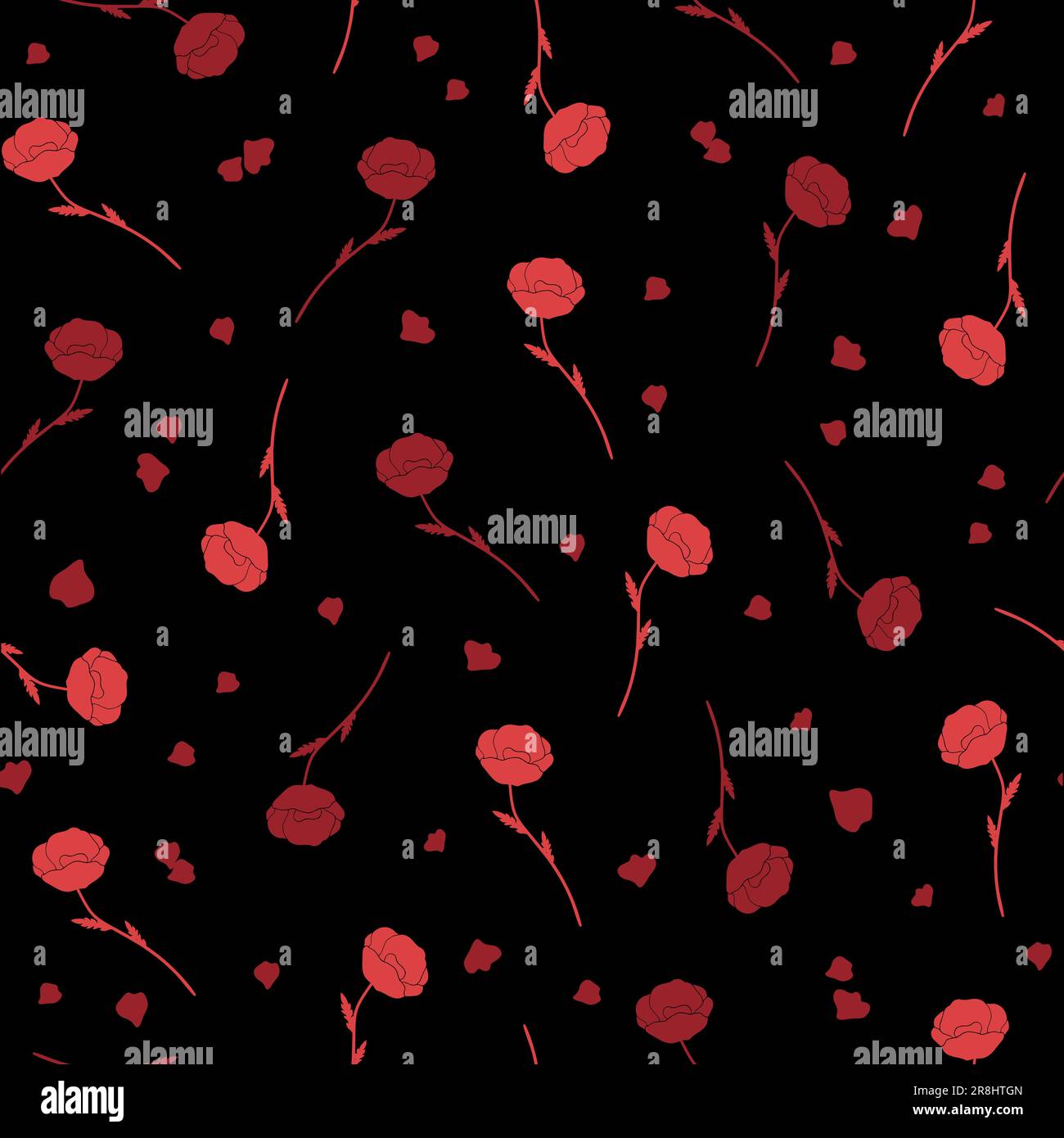 Red poppy flowers and petals seamless pattern on a black background. Vector illustration Stock Vector