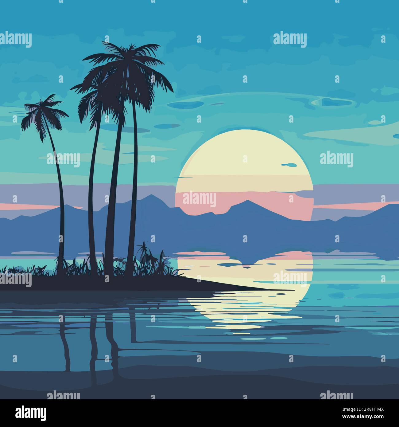 Vector illustration with a simple beautiful seascape with palms, beach and ocean in the background Stock Vector