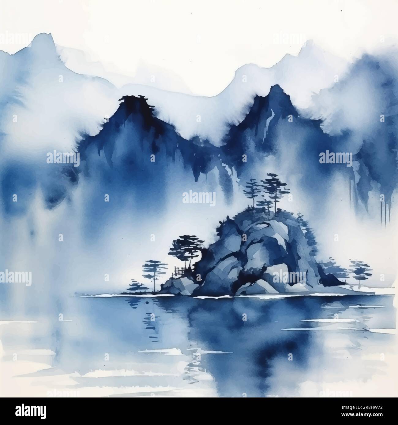 Chinese Watercolor Landscape Paintings Hand Painted Abstract Mountain Landscape In Japanese Style Indigo Ink 2R8HW72