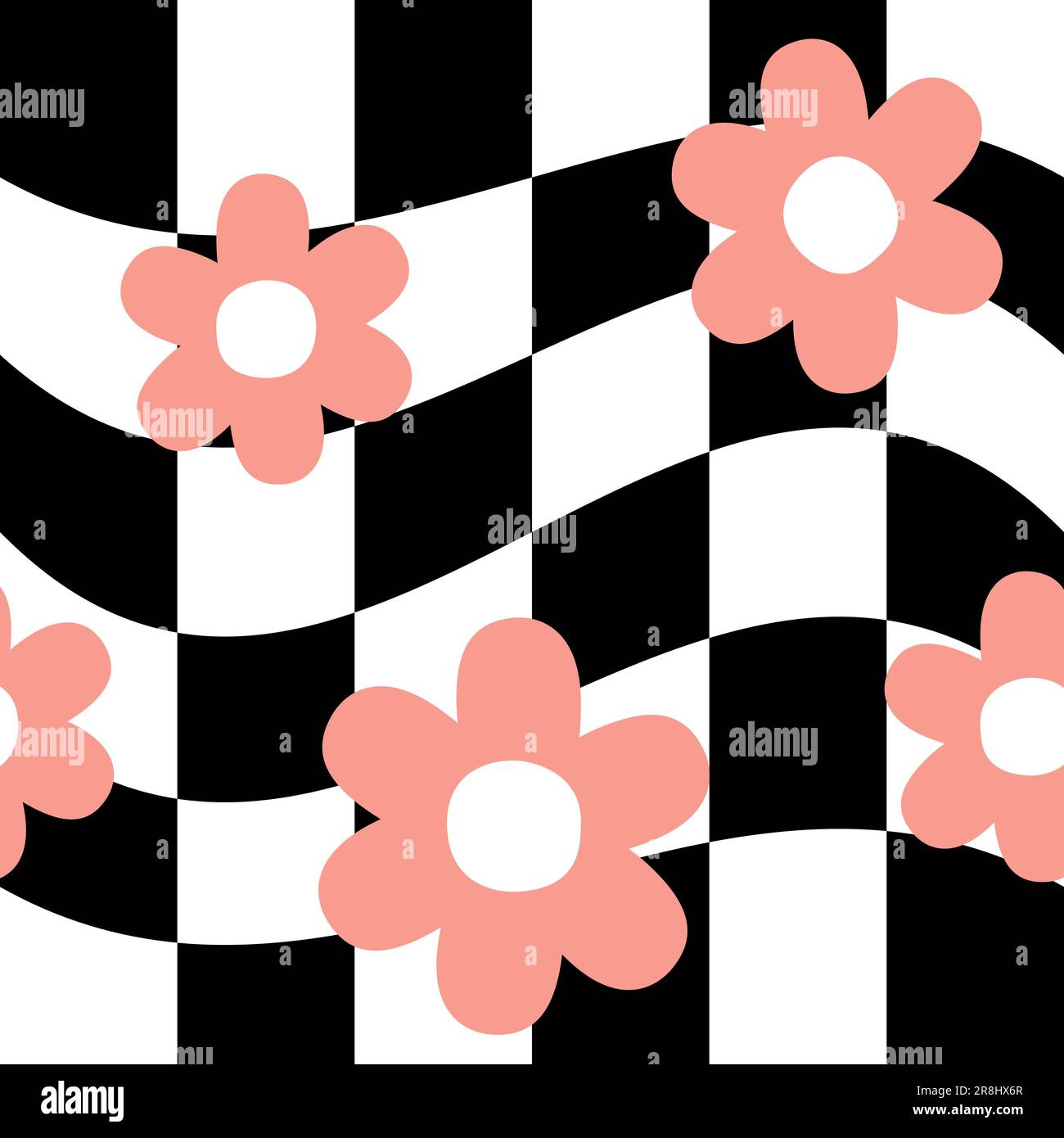 Vector seamless pattern of retro groovy flowers isolated on checkered ...