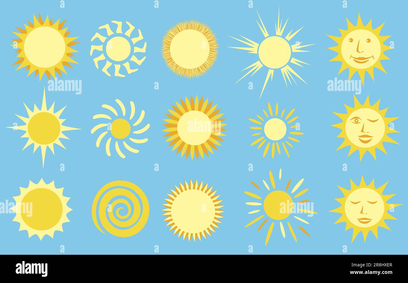Sunshine yellow sun icons and symbols collection on blue background ...