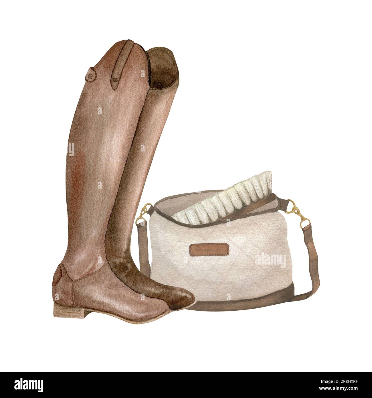 Watercolor illustration of equestrian equipment, ammunition and