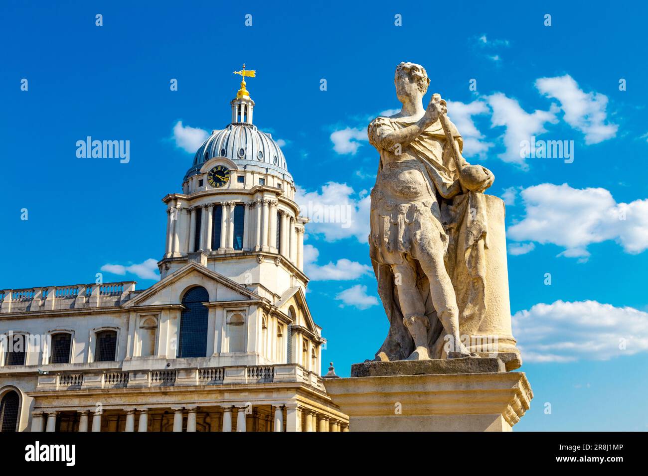 King George II of Britain statue by Michael Rysbrack and Queen Mary Court at the Old Royal Naval College, Greenwich, London, UK Stock Photo