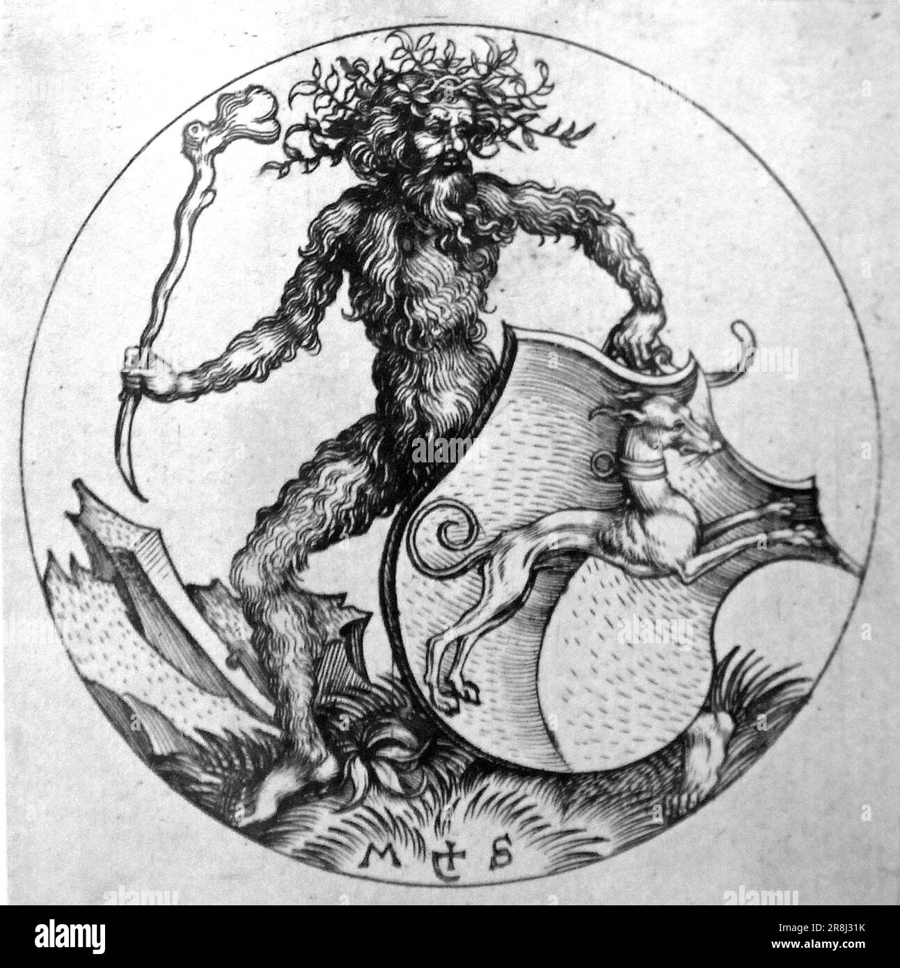Martin Schongauer engraving, Shield with a Greyhound, 1480s. Martin Schongauer The wild man, wild man of the woods, or woodwose or wodewose is a mythical figure Stock Photo