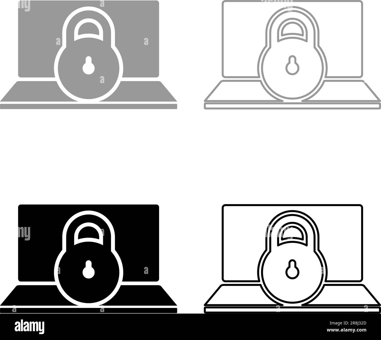 Laptop lock personal data security cyber access concept locked padlock use set icon grey black