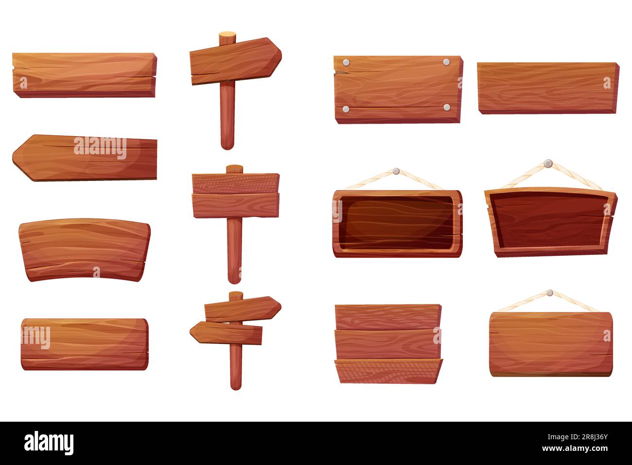 Set of wooden tablets, hanging textured panels rope, signboards with