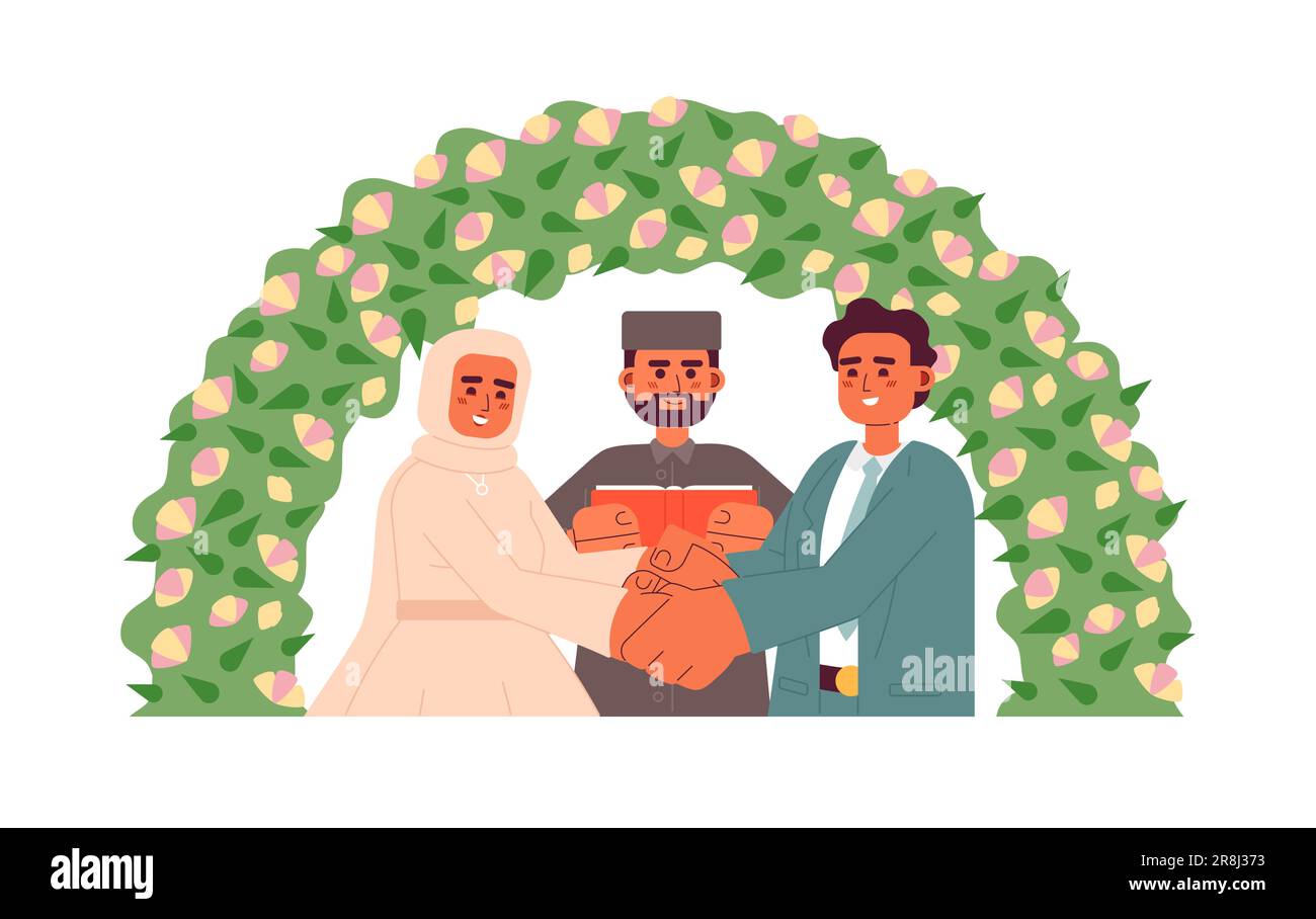 Imam officiating muslim bride groom wedding semi flat colorful vector characters Stock Vector