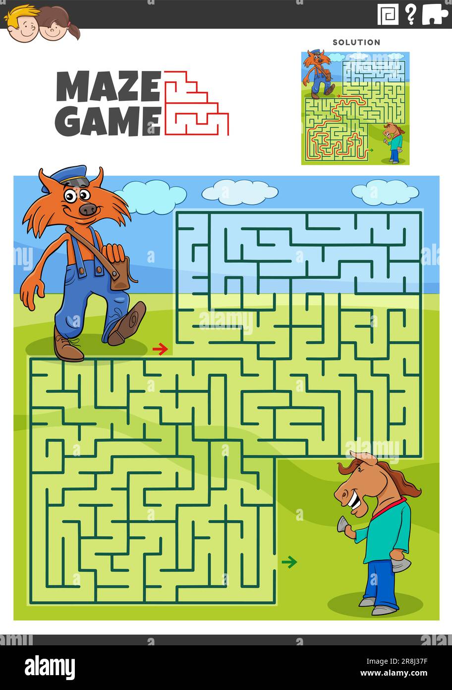Cartoon illustration of educational maze puzzle activity with funny mailman fox and horse fantasy characters Stock Vector