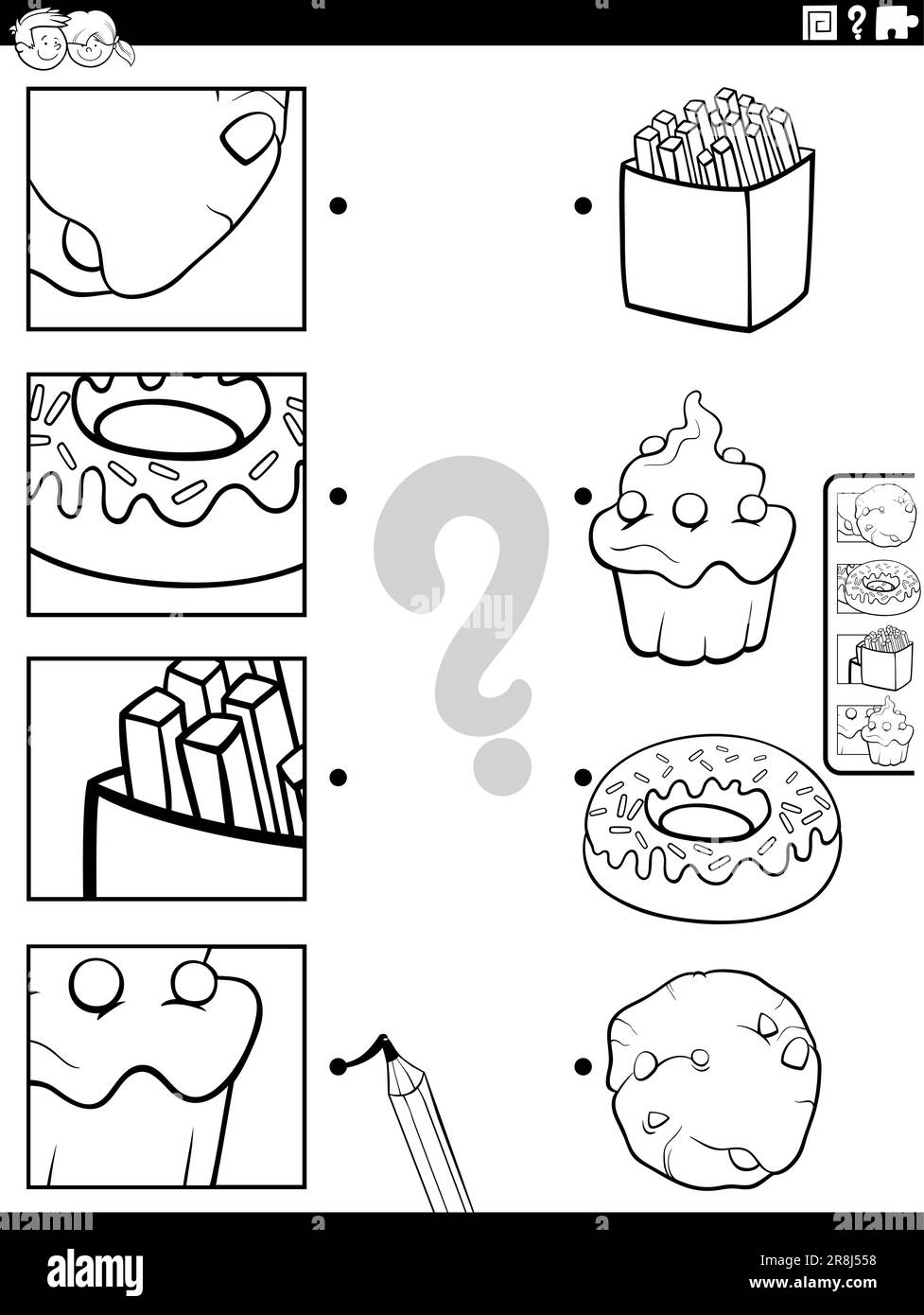 Black and white cartoon illustration of educational matching game with food objects and sweets and pictures clippings coloring page Stock Vector