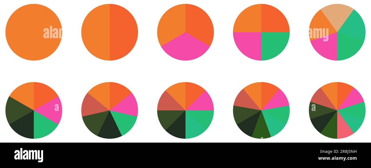 Set of circle pie chart icons. Colorful diagram with 10 sections