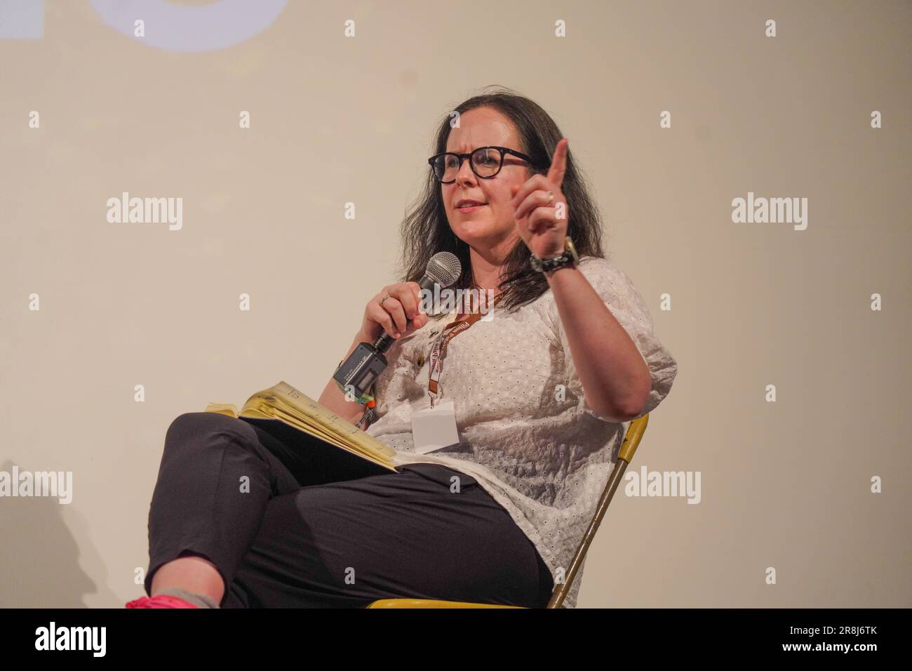 Helen O’Hara chairs a Q&A after a screening of Polite Society directed by Nida Manzor at the 2023 Glastonbury festival. Wednesday, 21 June, 2023. Views of the 2023 Glastonbury Festival. Photo: Richard Gray/Alamy Live News Stock Photo
