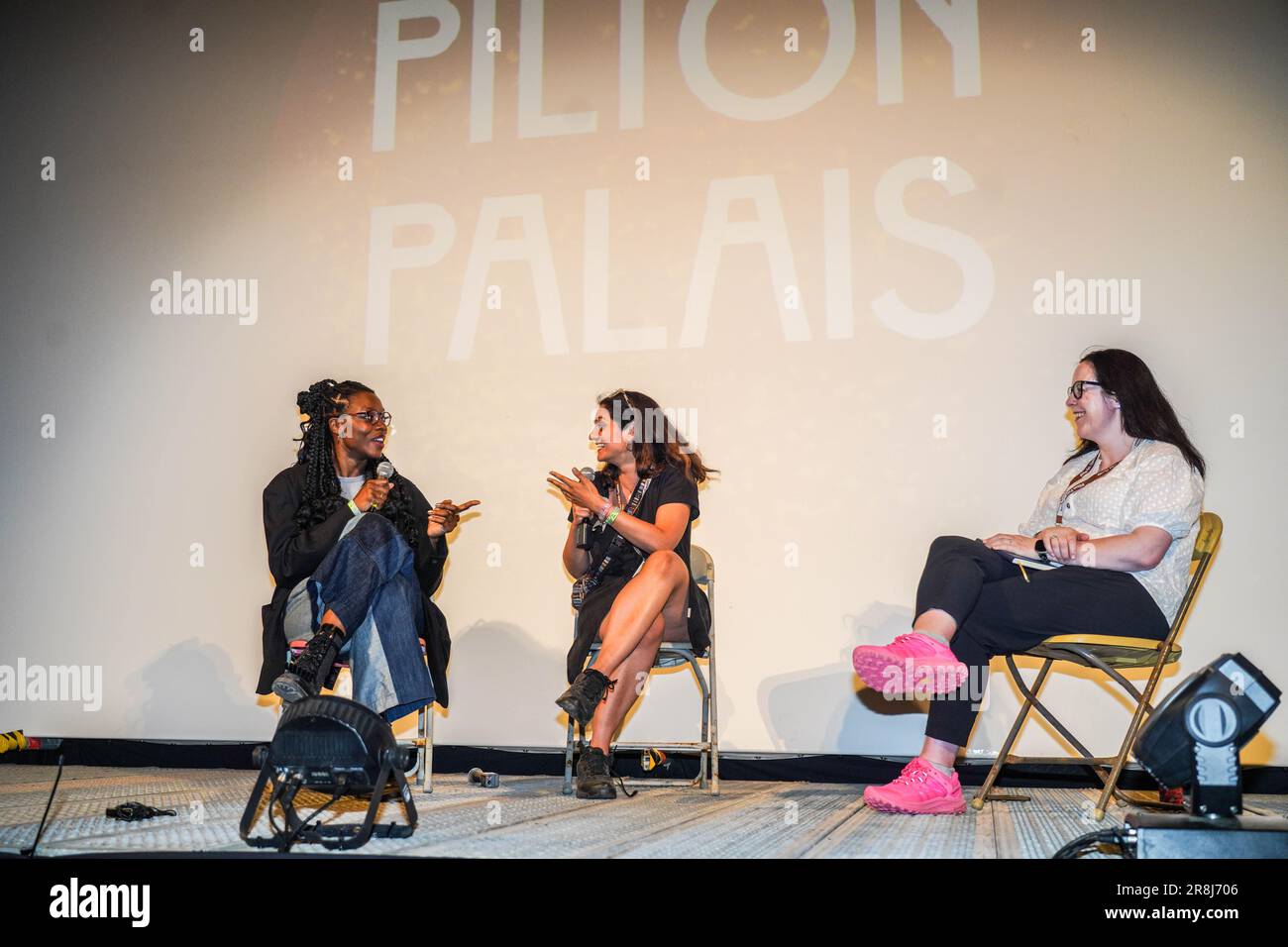 Nia DaCosta and Nida Manzor do a Q&A after a screening of Polite Society directed by Nida Manzor at the 2023 Glastonbury festival. Wednesday, 21 June, 2023. Views of the 2023 Glastonbury Festival. Photo: Richard Gray/Alamy Live News Stock Photo