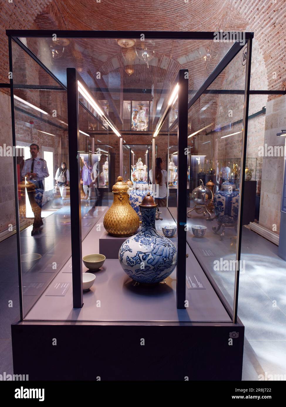 Pottery on display in glass in the Topkapi Palace Museum