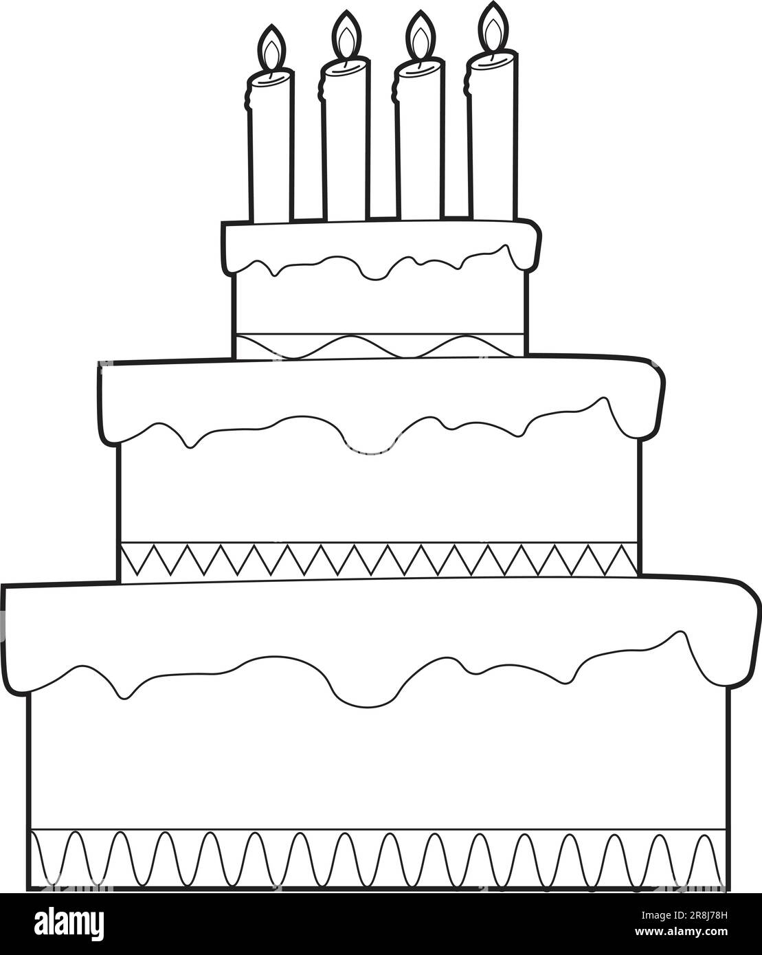 Coloring page of a tiered Birthday cake with candles. Illustration for coloring page for kids Stock Vector