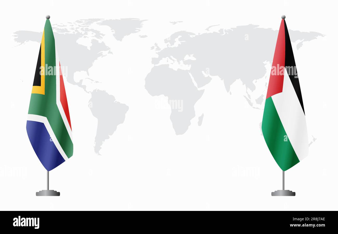 South Africa and Palestine flags for official meeting against background of world map. Stock Vector
